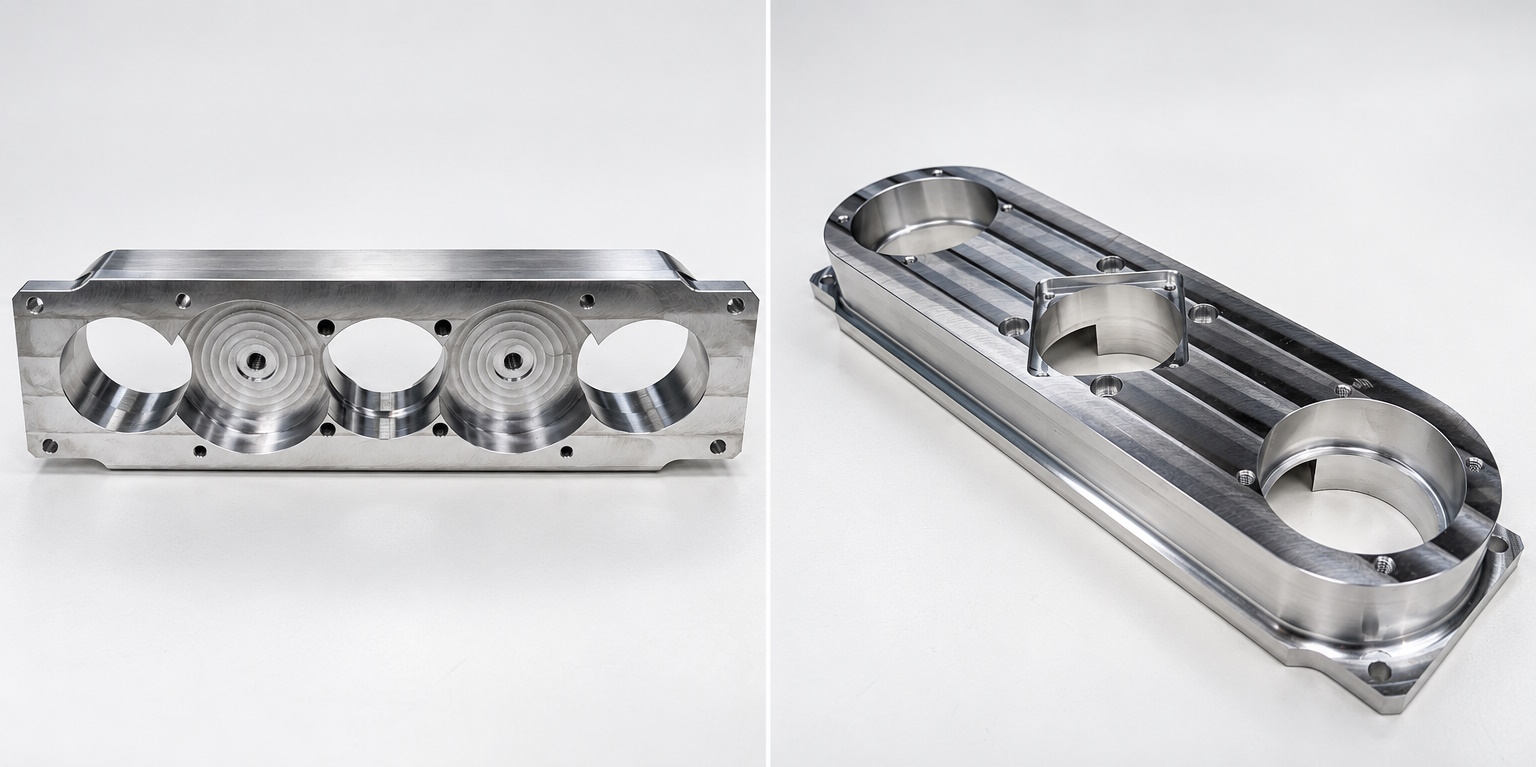 CNC milled aluminium component with precision bores and threads – RL Engineering